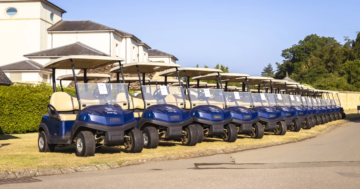 Row of blue golf carts lined up on grass near a resort building under clear sky