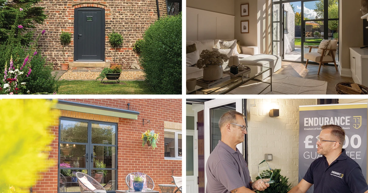 Two men shaking hands in front of Endurance signage, alongside images of various Endurance doors and windows in residential home settings