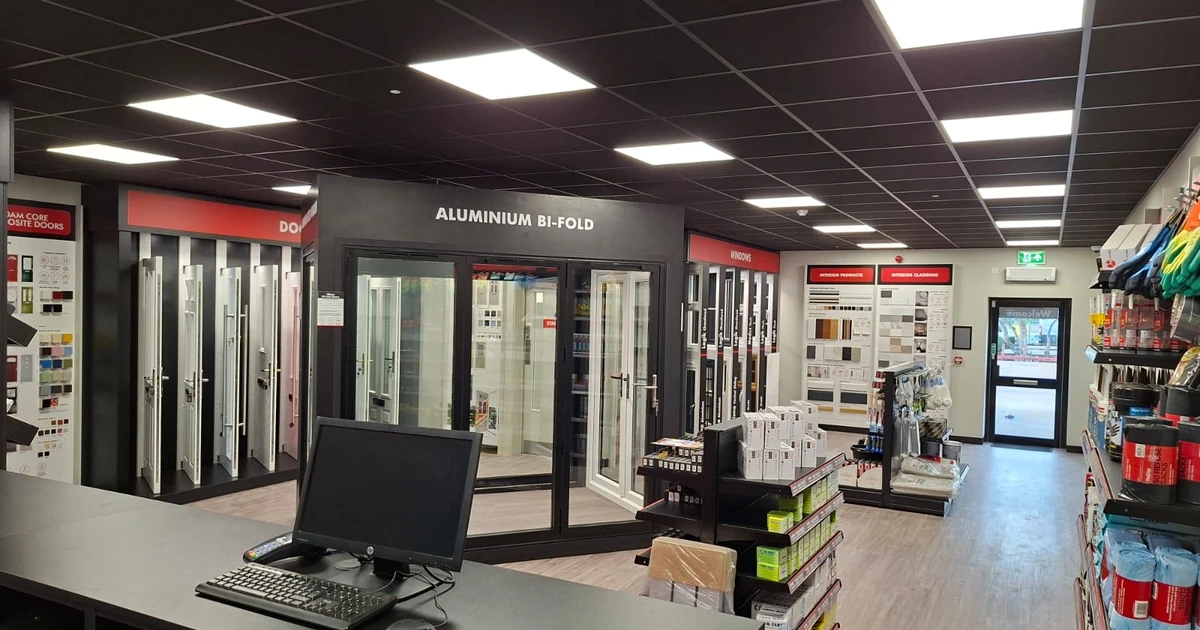Interior of modern Eurocell Aberdeen South branch showing windows and doors displays and a sales counter