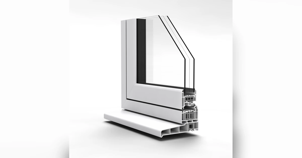 White PVC-U window frame section with triple-glazed glass showing cross-section of Profile 22 and Regency Triple glazing