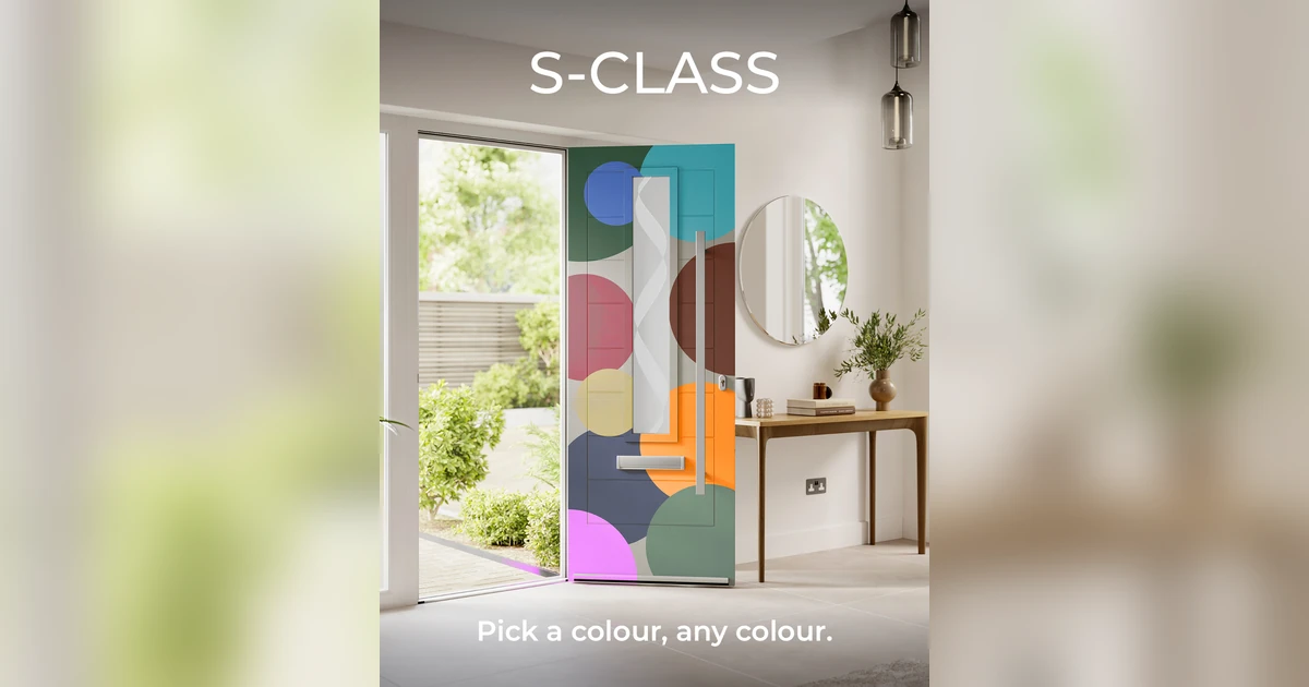 S-Class composite door opened in a modern home interior with colorful large circles overlay, highlighting new premium sprayed finishes