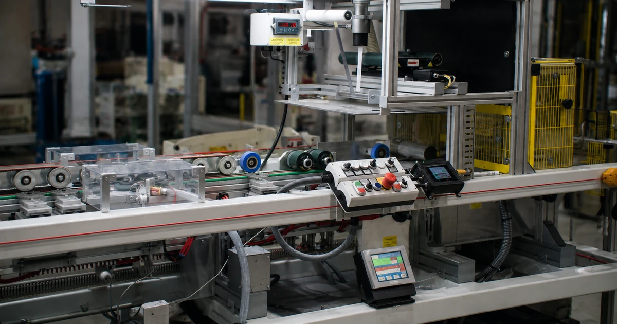 Industrial automation machine with conveyor belts and control panels in insulated glass manufacturing setting