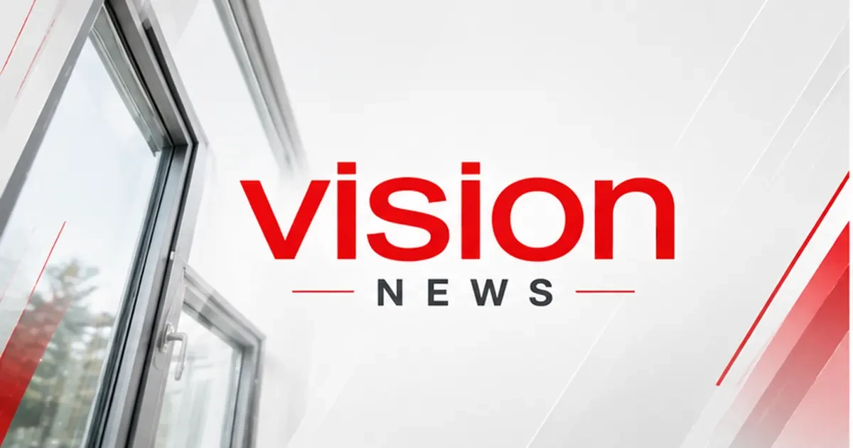 Vision News logo graphic on a modern background with angled window and red diagonal lines