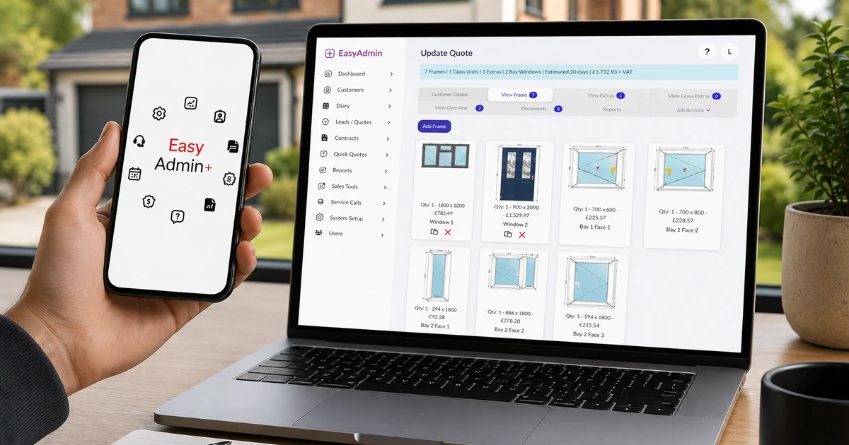 Hand holding smartphone displaying Easy Admin+ app alongside laptop showing EasyAdmin+ dashboard interface on wooden desk outside a house