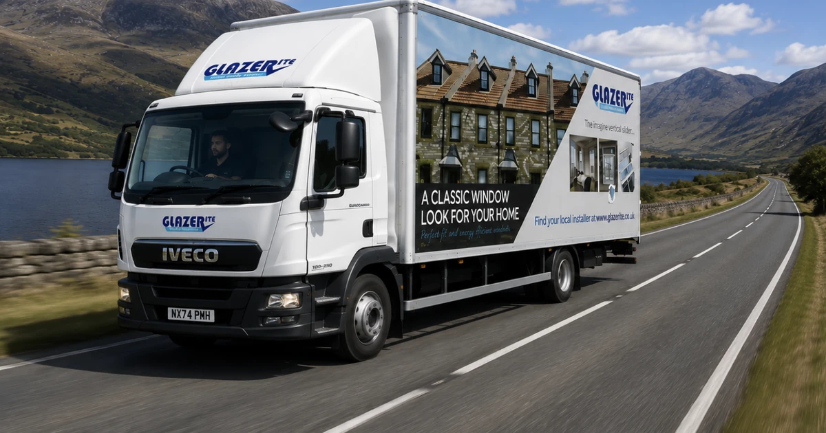 Glazerite branded delivery truck driving on a road in scenic Scottish countryside with mountains and blue sky