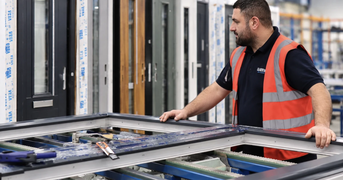 Factory worker in a high-visibility vest inspecting multiple coloured door frames in a manufacturing setting