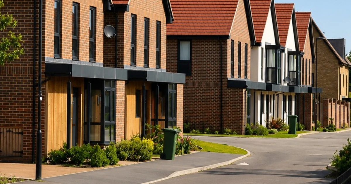 Row of modern new build brick houses with pitched roofs along a residential street