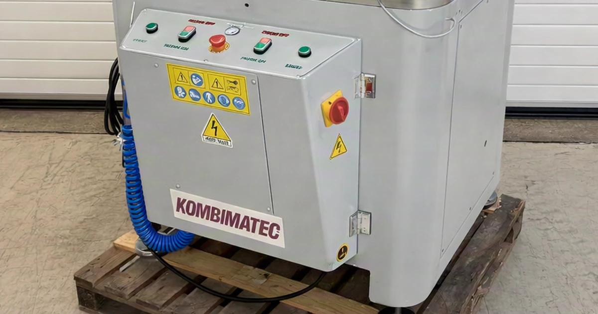 Kombimatec MGS600 upstroke mitre saw machine on a wooden pallet in a workshop setting