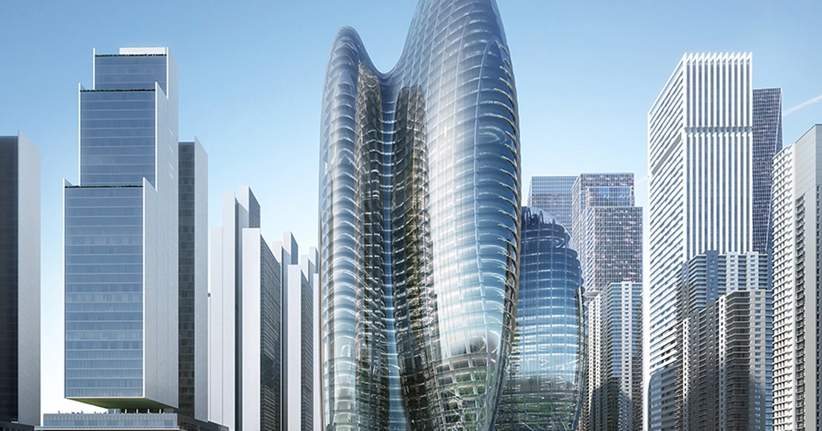 Curved glass façade of the OPPO Global Headquarters skyscraper in Shenzhen amidst other tall buildings