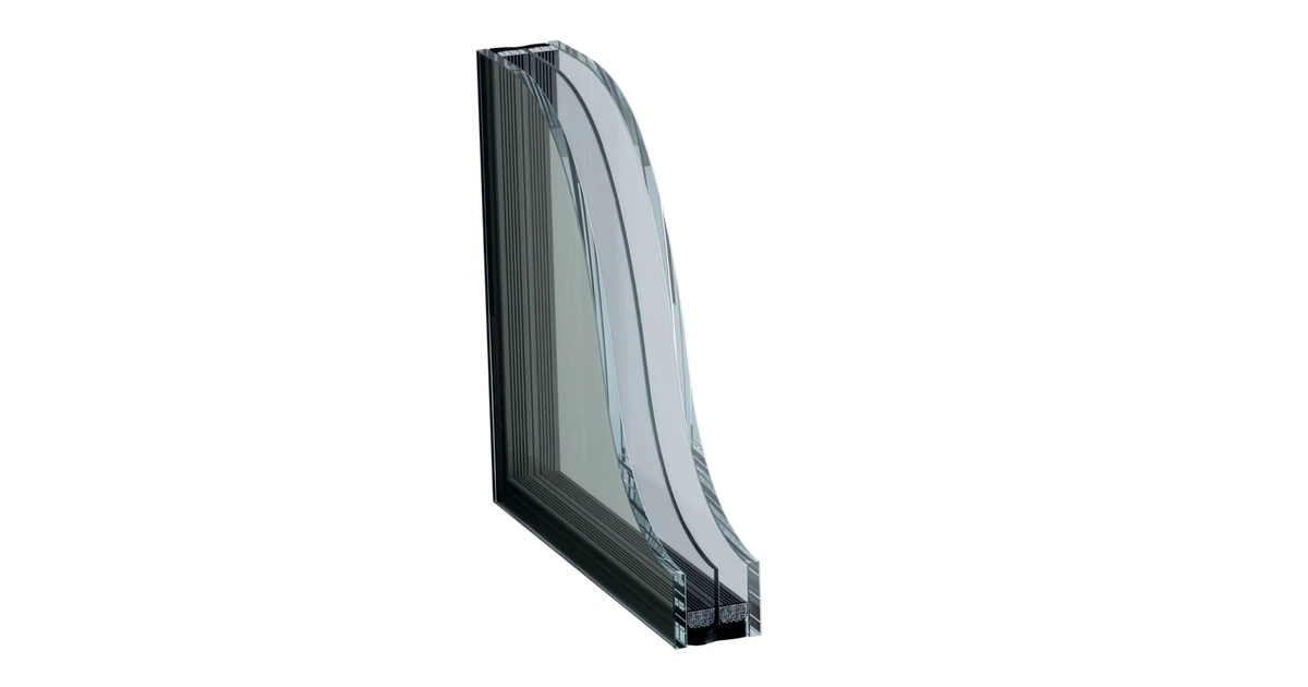 Cross-section of a TripleLyte triple glazing unit with three glass panes and spacer bars inside the sealed frame