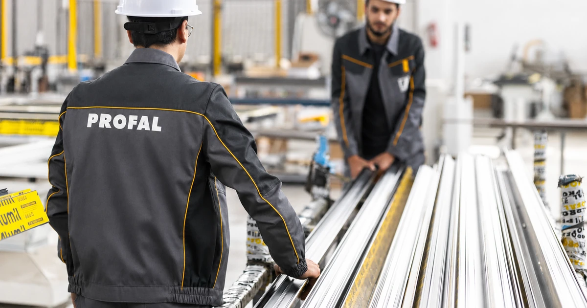 Two workers in helmets handling metal profiles in a manufacturing setting branded Profal