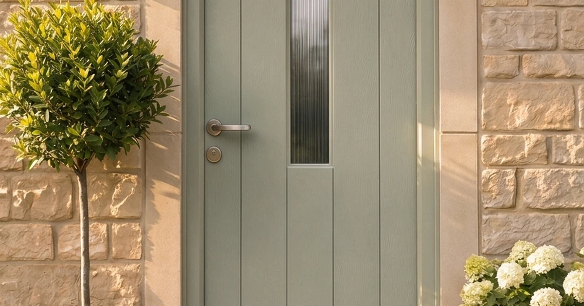Green composite front door with vertical panel design and narrow glass panel, flanked by plants and stone wall