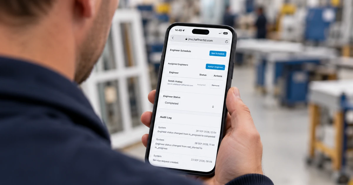 Man holding a smartphone displaying Haffner's Project Management System app in a workshop environment