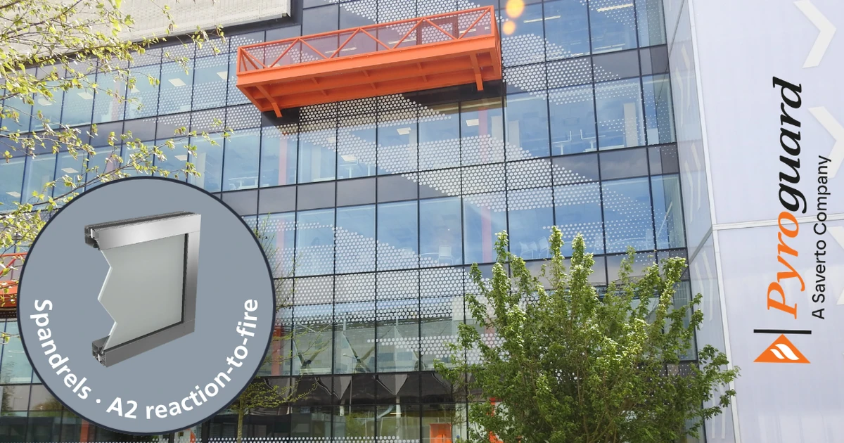 Modern building façade with Pyroguard spandrel panels featuring A2 reaction-to-fire fire safety rating