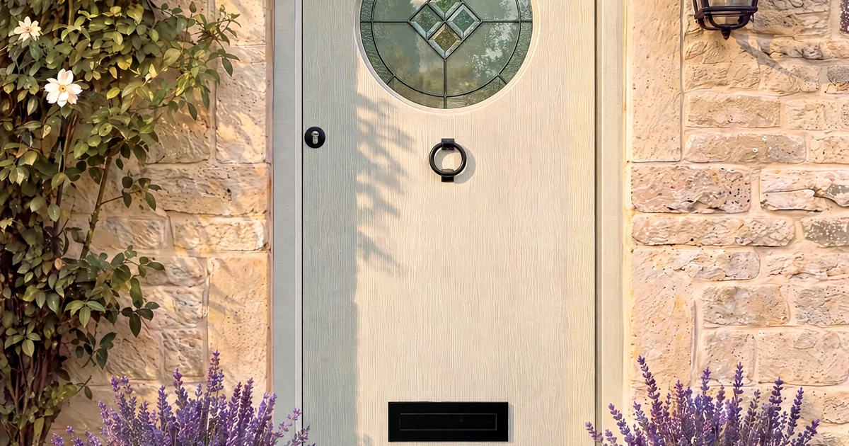 Light grey composite door with circular decorative glass panel and black door hardware, set in a stone wall with potted lavender plants on either side