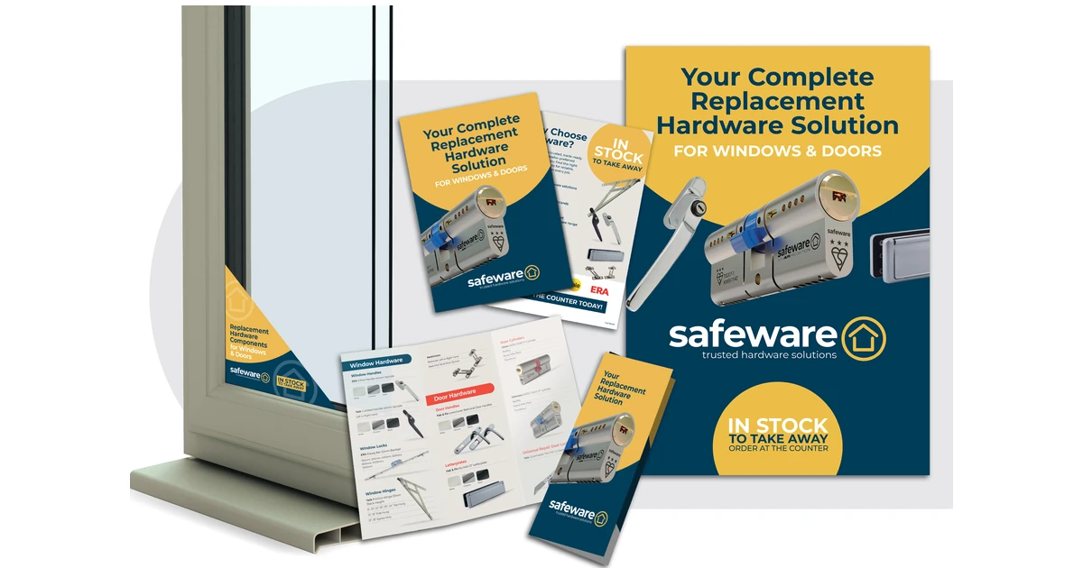 Safeware branded promotional leaflets, posters, and window vinyls for replacement window and door hardware displayed together