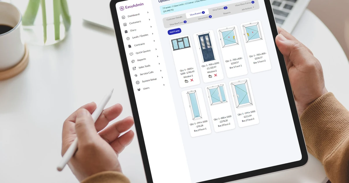 Hands holding a tablet displaying EasyAdmin+ interface with window and door quotation details